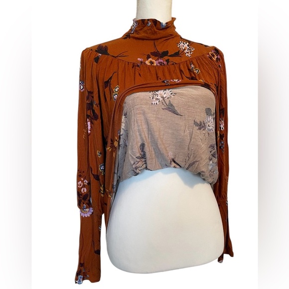 Ann Taylor Rust Floral Stretchy Turtleneck Puff Sleeve Women’s Small Blouse - Picture 10 of 13